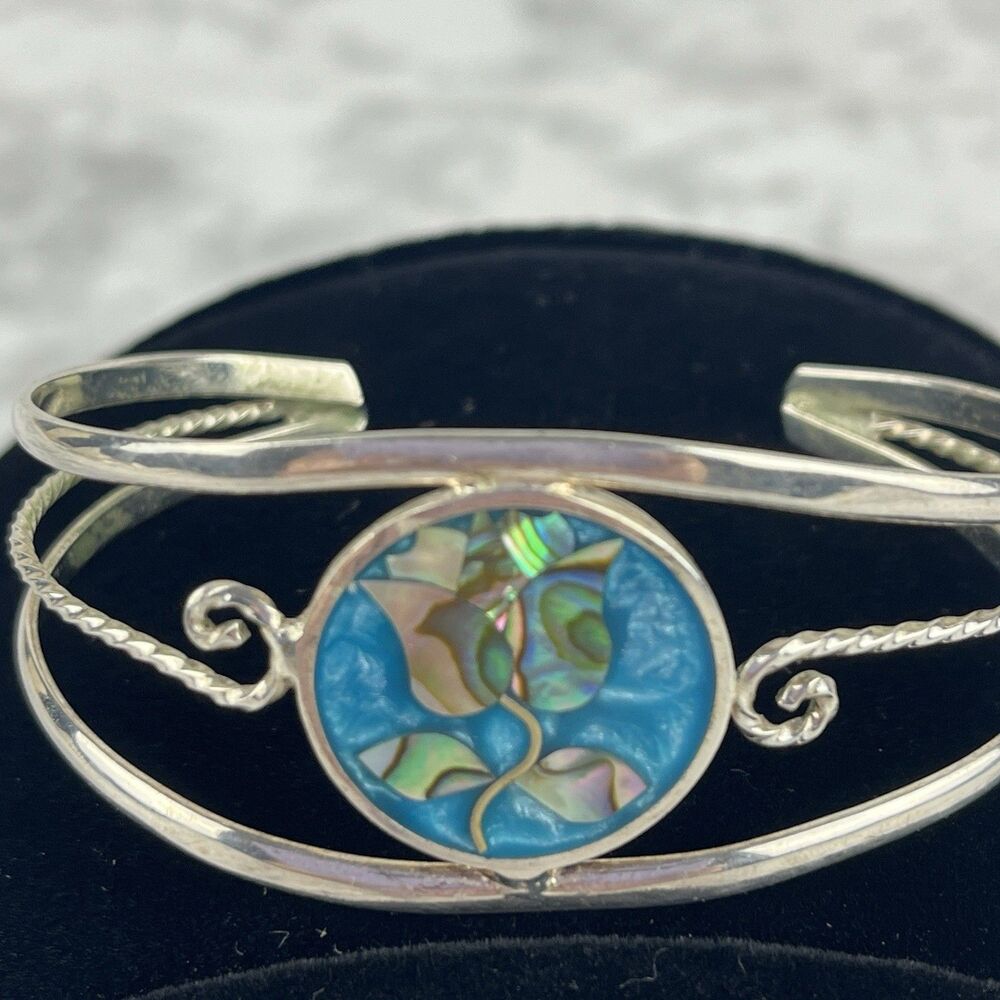 Vintage Mexican Alpaca Bracelet Blue Enamel Flower abalone Inlay Silver Tone
